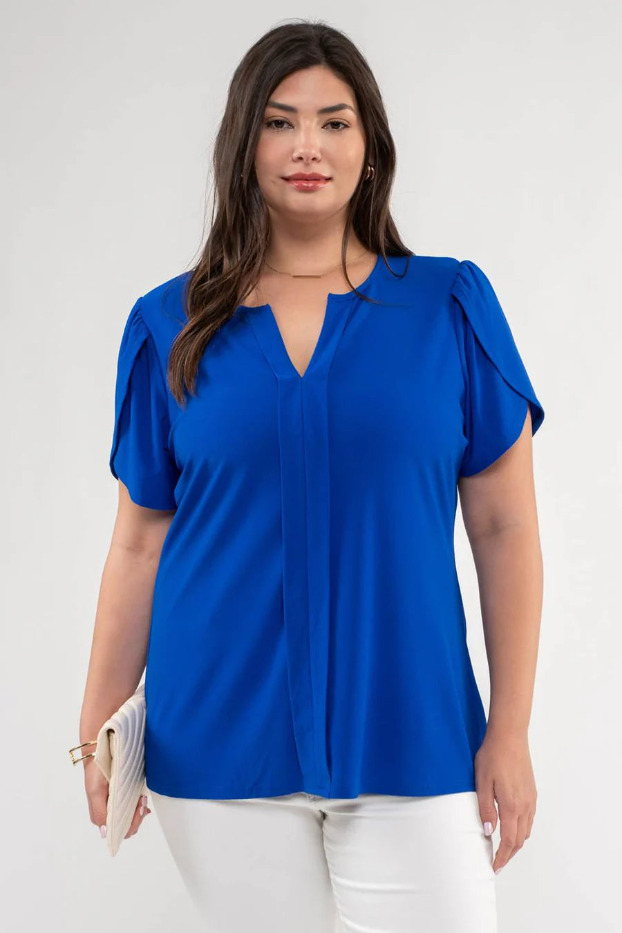 Royal Blue Drape Sleeve Split Neck Top (Plus Exclusive!)