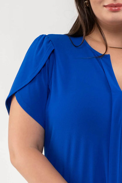 Royal Blue Drape Sleeve Split Neck Top (Plus Exclusive!)