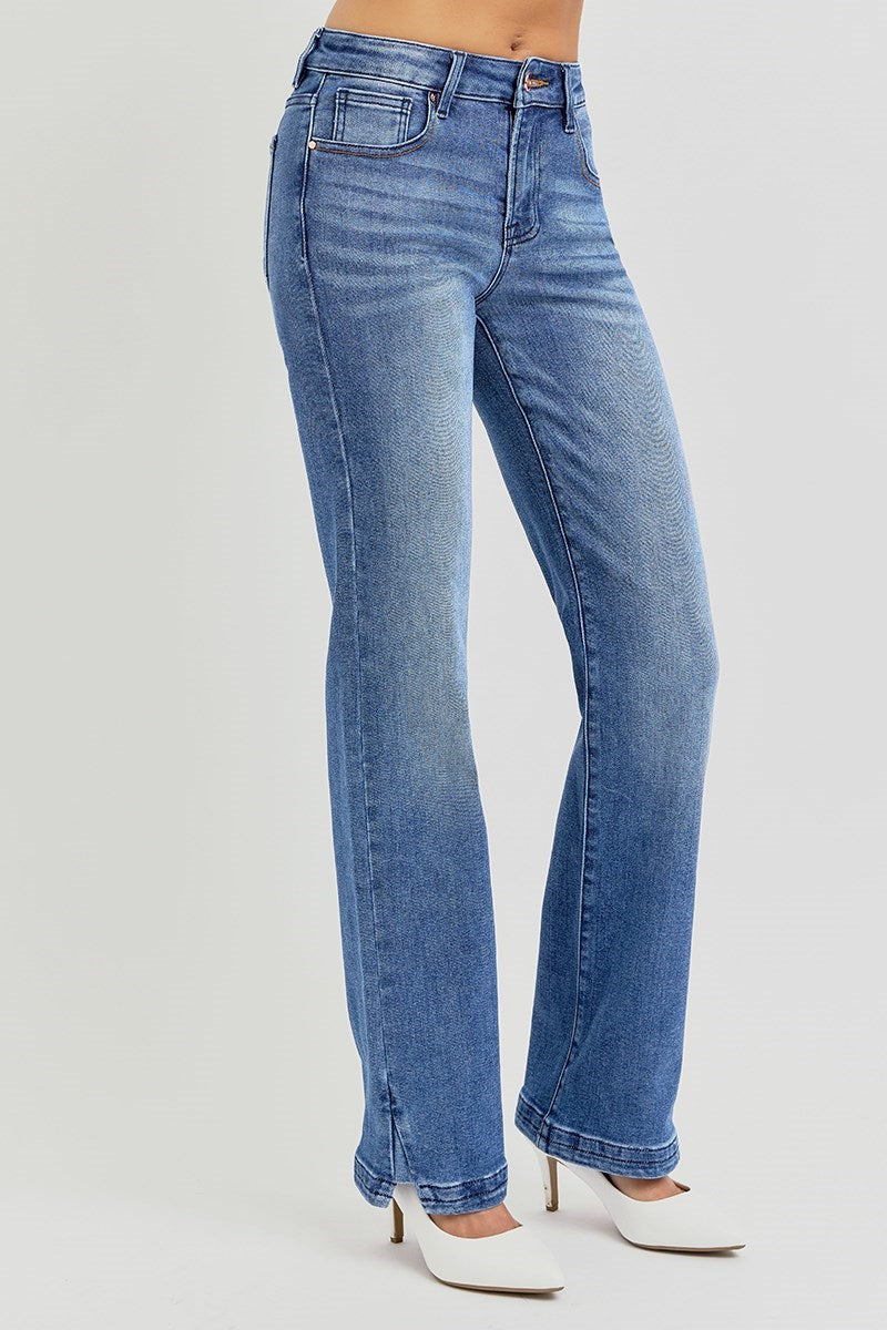 Dark Wash Mid Rise Ankle Straight Jeans with Mini Side Slits - Risen Jeans