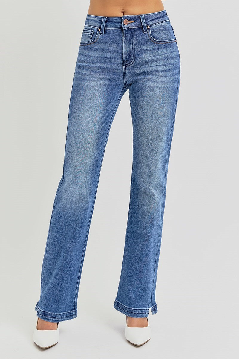 Dark Wash Mid Rise Ankle Straight Jeans with Mini Side Slits - Risen Jeans