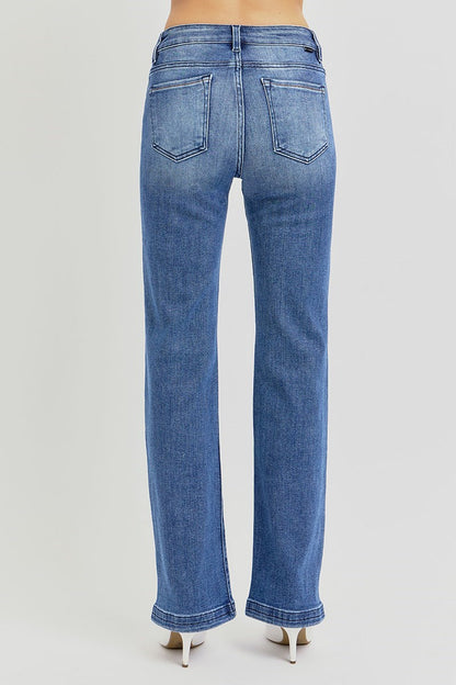 Dark Wash Mid Rise Ankle Straight Jeans with Mini Side Slits - Risen Jeans