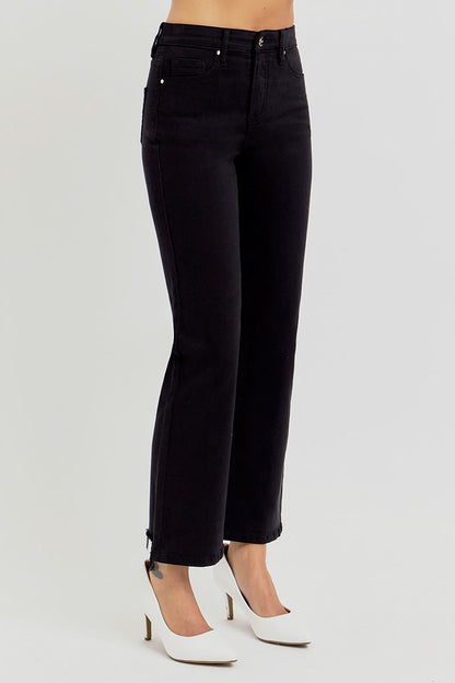 Black High Rise Tummy Control Crop Straight Jeans - Risen Jeans