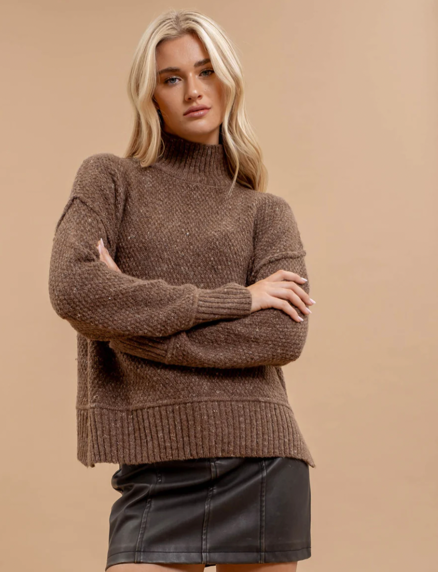 Mocha Wool Blend Turtleneck Sweater with Exposed Seam Detail