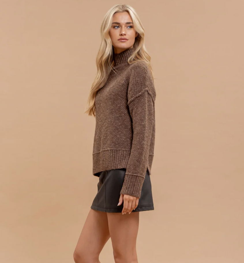 Mocha Wool Blend Turtleneck Sweater with Exposed Seam Detail