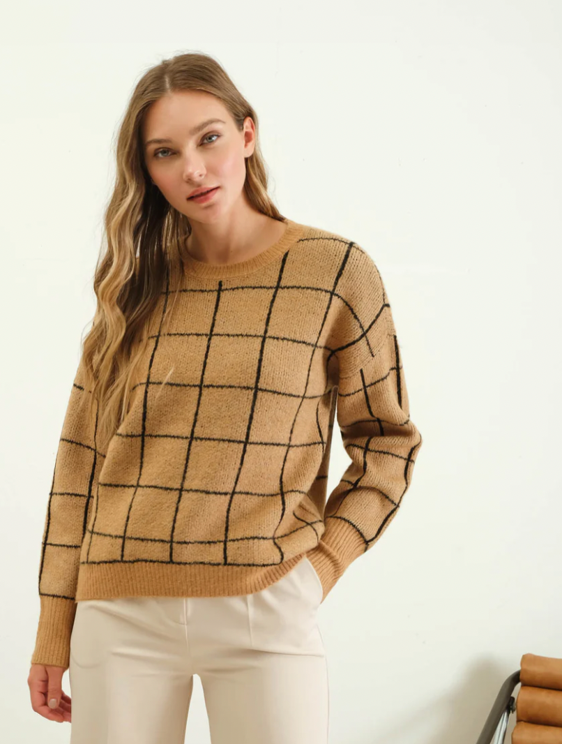 Khaki Grid Print Crew Neck Sweater