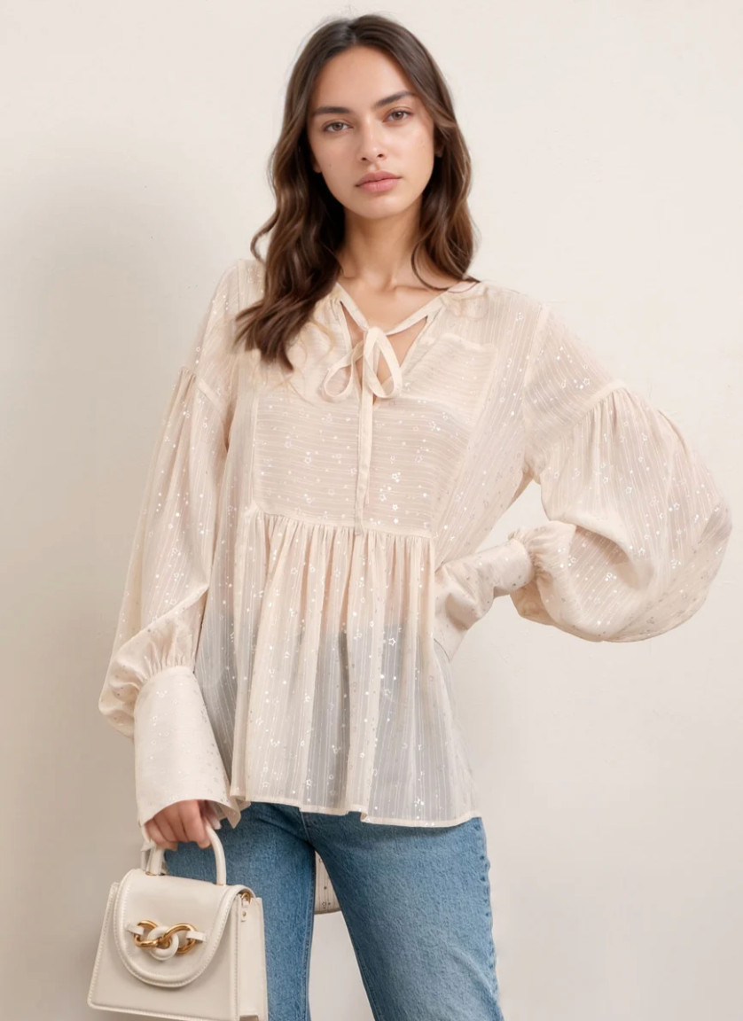 Cream Star Print Front Tie Long Cuff Sleeve Sheer Blouse