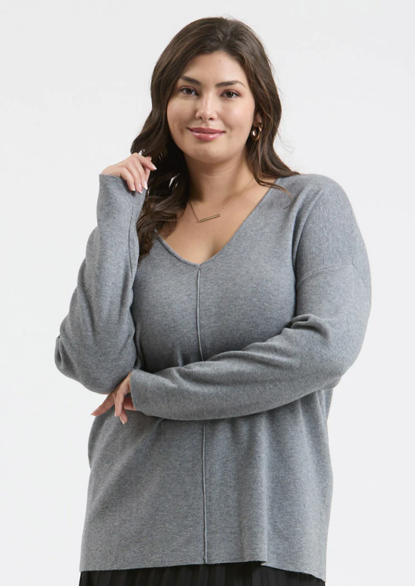 Grey Solid V Neck Front Seam Knit Sweater (Plus Size Exclusive!)