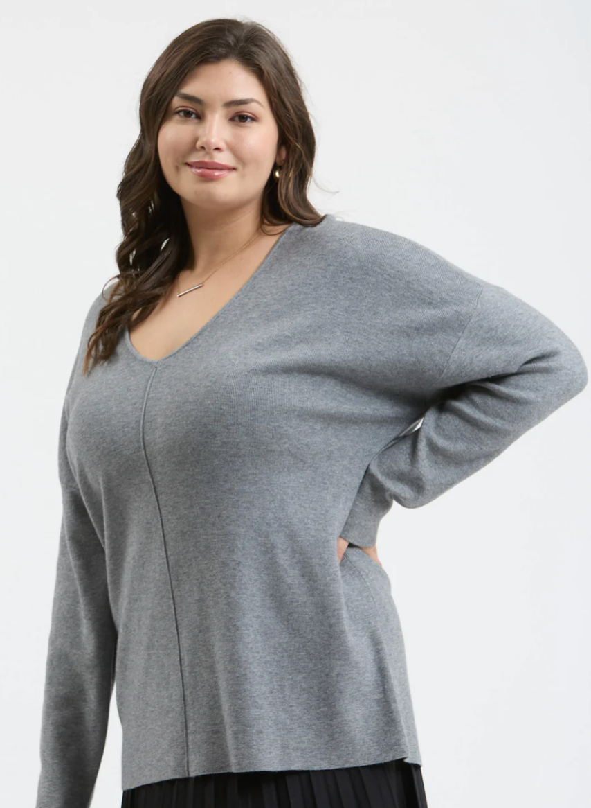 Grey Solid V Neck Front Seam Knit Sweater (Plus Size Exclusive!)