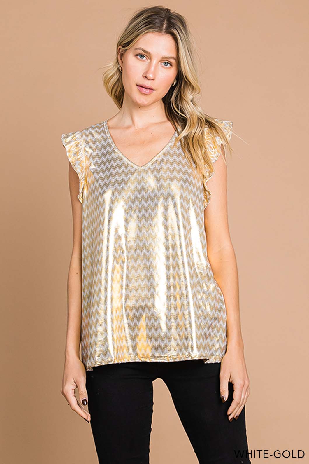 White Gold Ruffle Shoulder Cap Sleeve Blouse