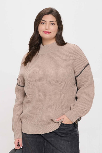 Mocha Front-to-Back Color Block Mock Neck Sweater (Includes Plus!)