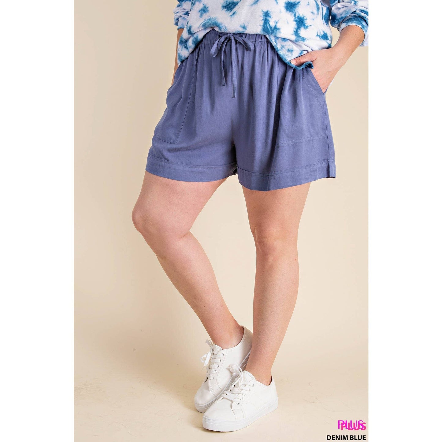 Blue Lightweight Textured Fabric Drawstring Short (Includes Plus!)