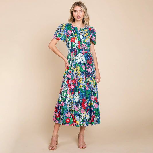 Navy Tiered Floral V Neck Cotton Midi Dress (Plus Size Exclusive!)