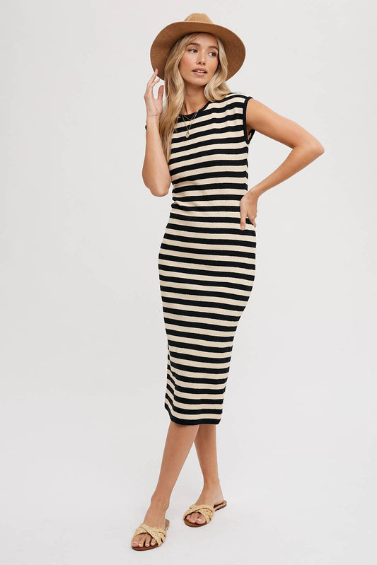 Black and Tan Striped Contrast Tank Knit Midi Dress