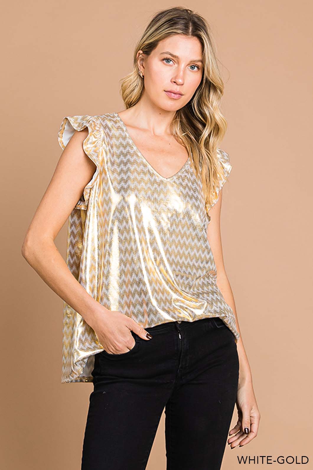 White Gold Ruffle Shoulder Cap Sleeve Blouse