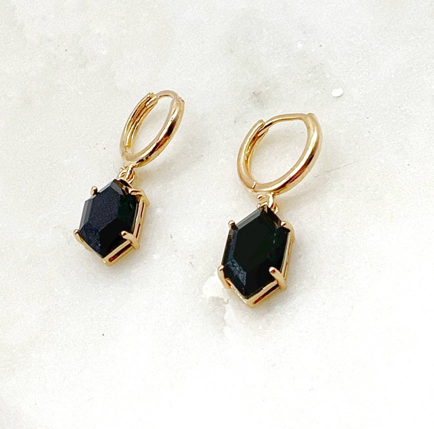 Black Diamond Shaped Gem Huggie Hoops