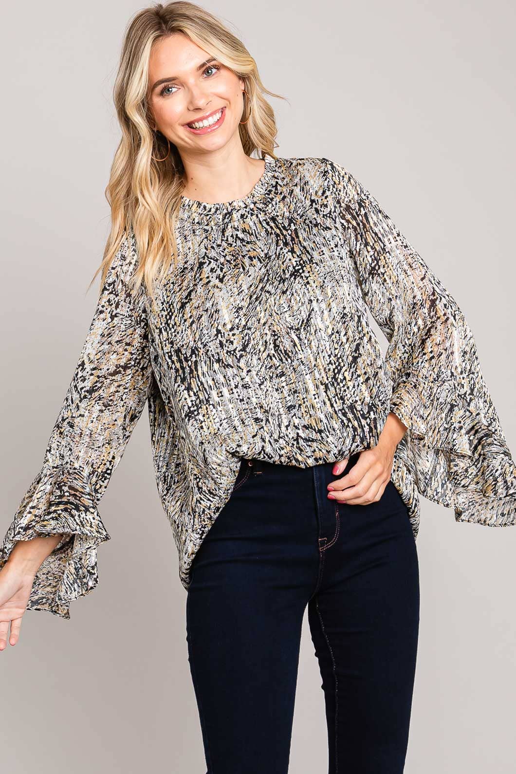 Black and Mustard Abstract Print Ruffle Sleeve Blouse