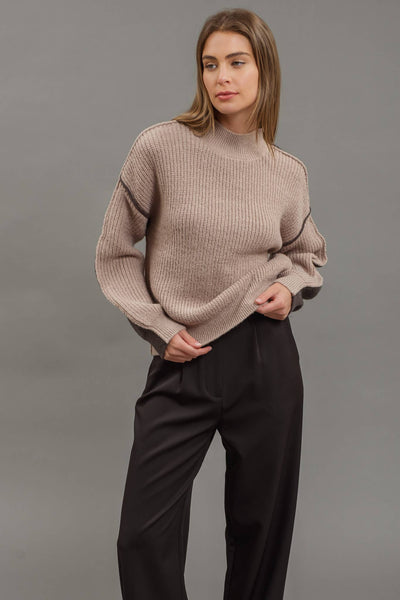 Mocha Front-to-Back Color Block Mock Neck Sweater (Includes Plus!)