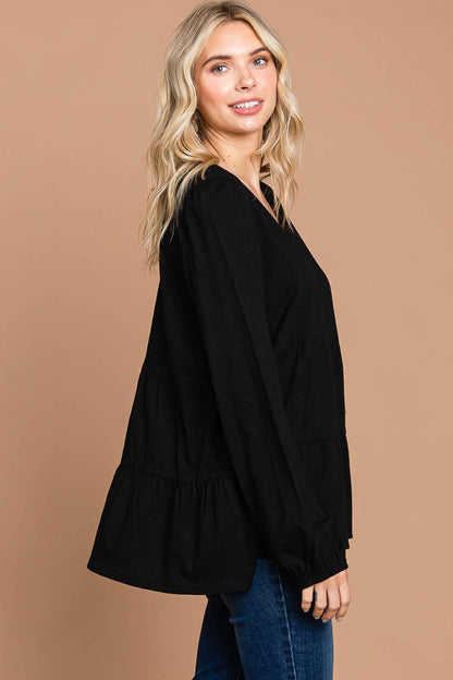 Black V Neck Cotton Tiered Tunic Top