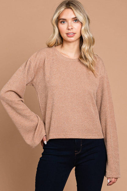 Taupe Ribbed Bell Sleeve Top