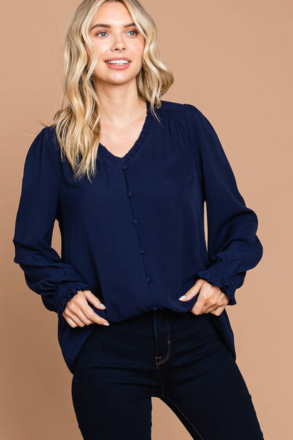 Navy Long Bishop Sleeve V Neck Button Down Blouse with Small Ruffle Detail