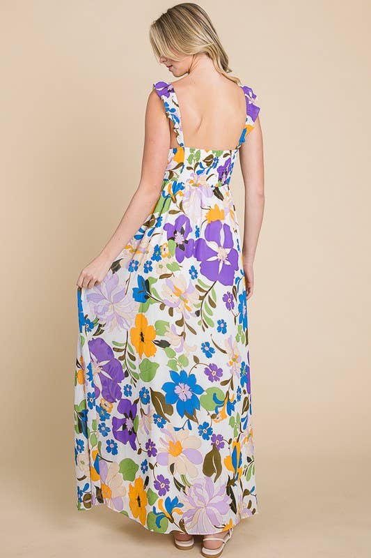 Floral Print Maxi Dress with Smocked Back