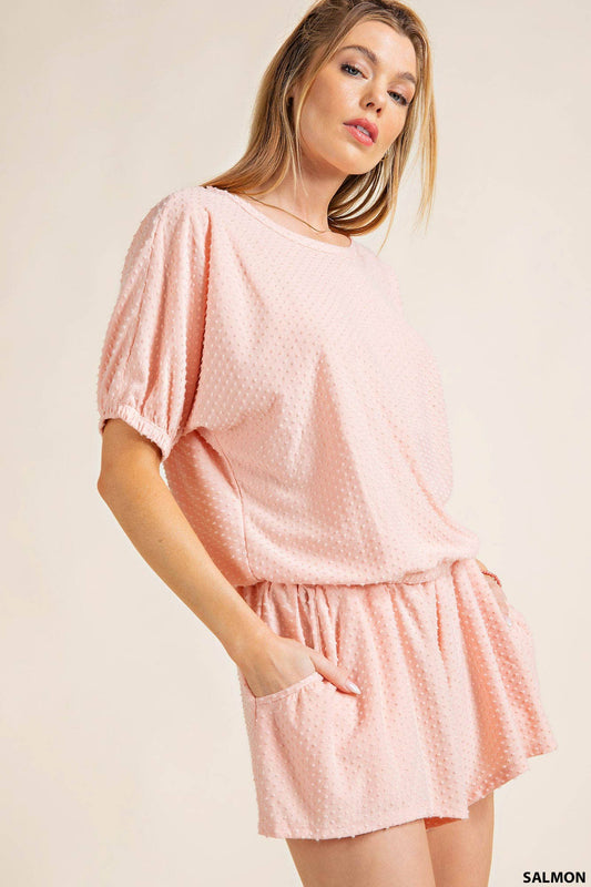 Salmon Pink Dolman Short Sleeve Top and Shorts Set with Swiss Dot Detail