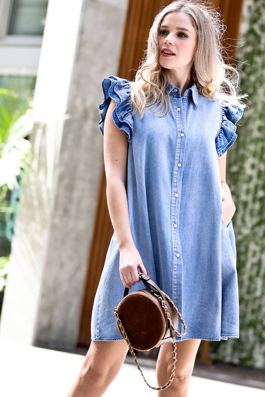 Chambray Ruffle Shoulder Button Down Denim Dress