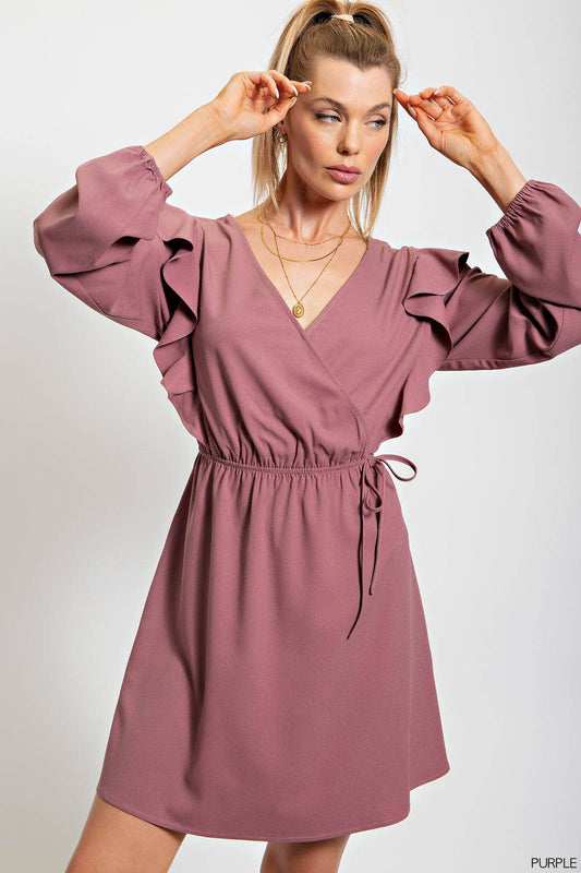 Dark Mauve Long Sleeve Midi Length Wrap Dress