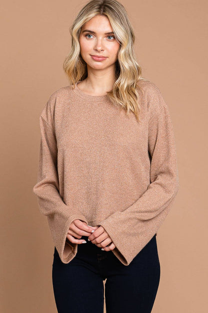 Taupe Ribbed Bell Sleeve Top