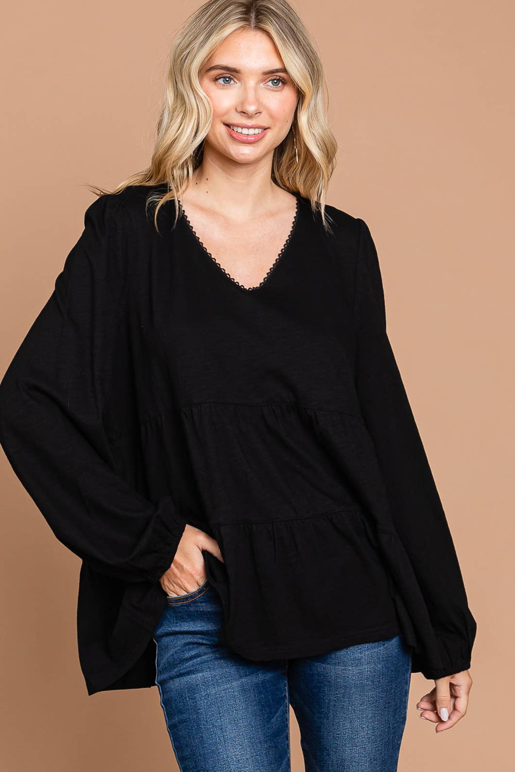 Black V Neck Cotton Tiered Tunic Top