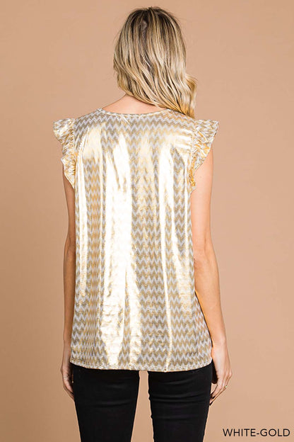 White Gold Ruffle Shoulder Cap Sleeve Blouse