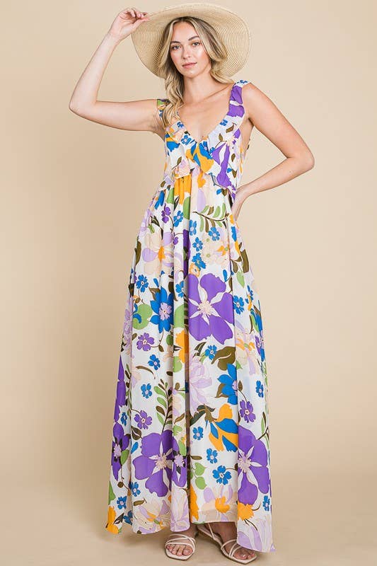 Floral Print Maxi Dress with Smocked Back