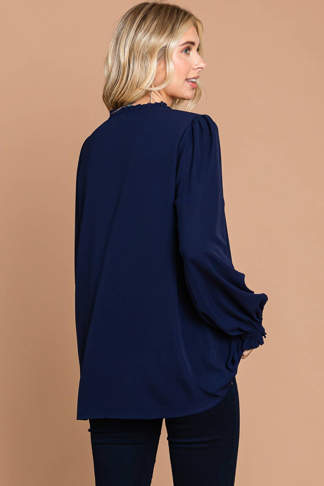 Navy Long Bishop Sleeve V Neck Button Down Blouse with Small Ruffle Detail