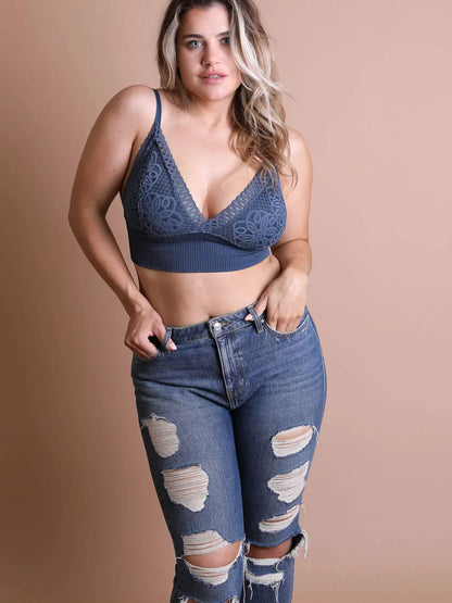 Gray Blue Lace Longline Seamless Bralette with Adjustable Straps (Includes Plus!)