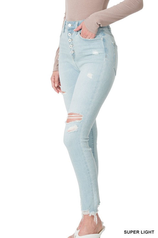 Light Wash High Rise Distressed Skinny Jeans with Button Fly