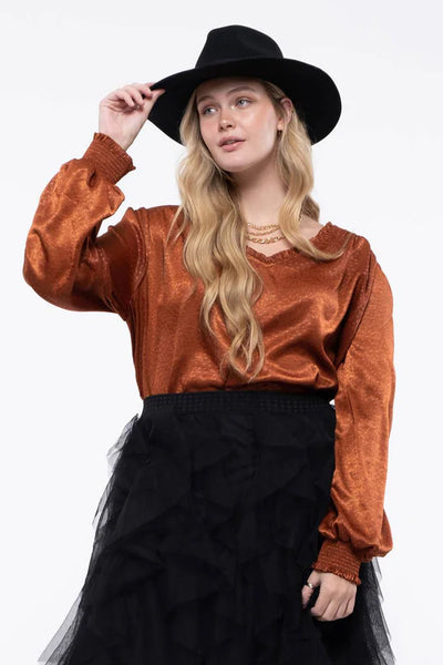 Pumpkin Spice Satin Effect Long Sleeve Blouse with Tie Back (Plus Exclusive!)