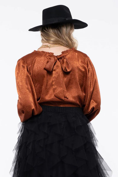 Pumpkin Spice Satin Effect Long Sleeve Blouse with Tie Back (Plus Exclusive!)