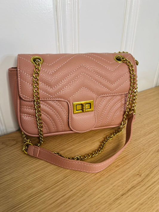 Blush Faux Leather Bag with Stitched Body and Chain and Faux Leather Strap